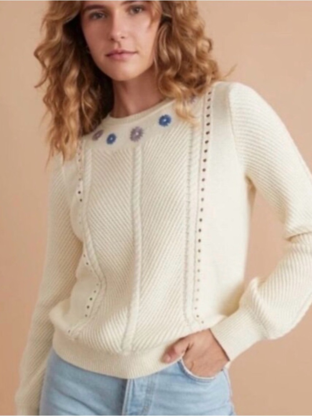 Marine Layer Cream Crewneck Sweater Floral Cable knit Cotton Wool Preppy boho